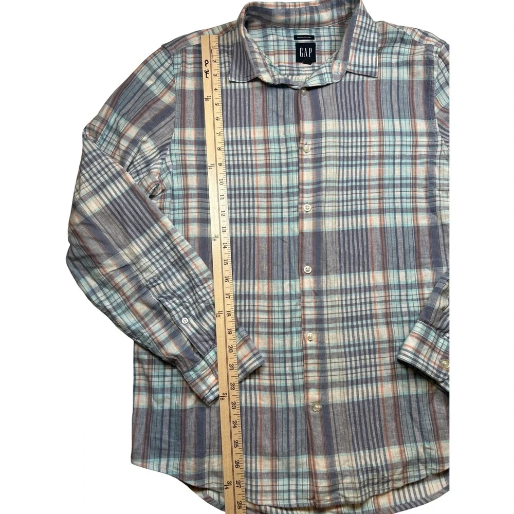 GAP Mens Linen Blend Plaid Button Down Shirt Blue Grey Orange Size M Long Sleeve